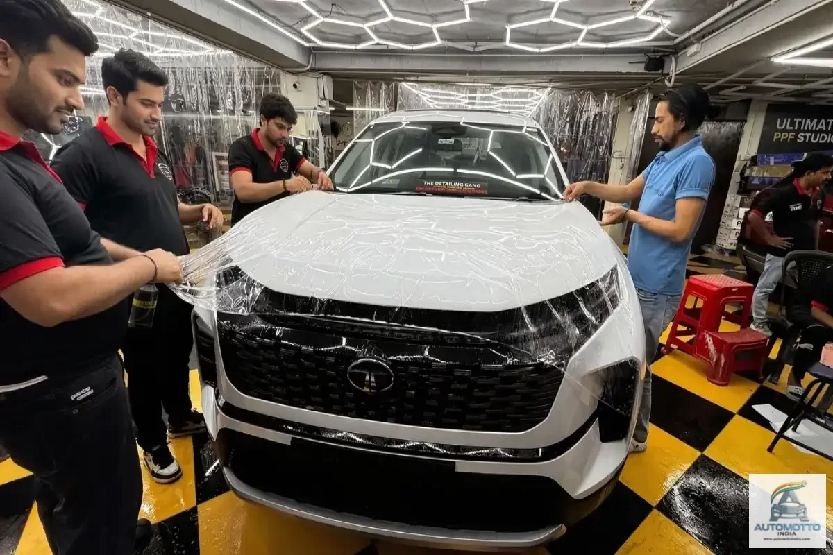 paint protection film installation work on Tata Safari